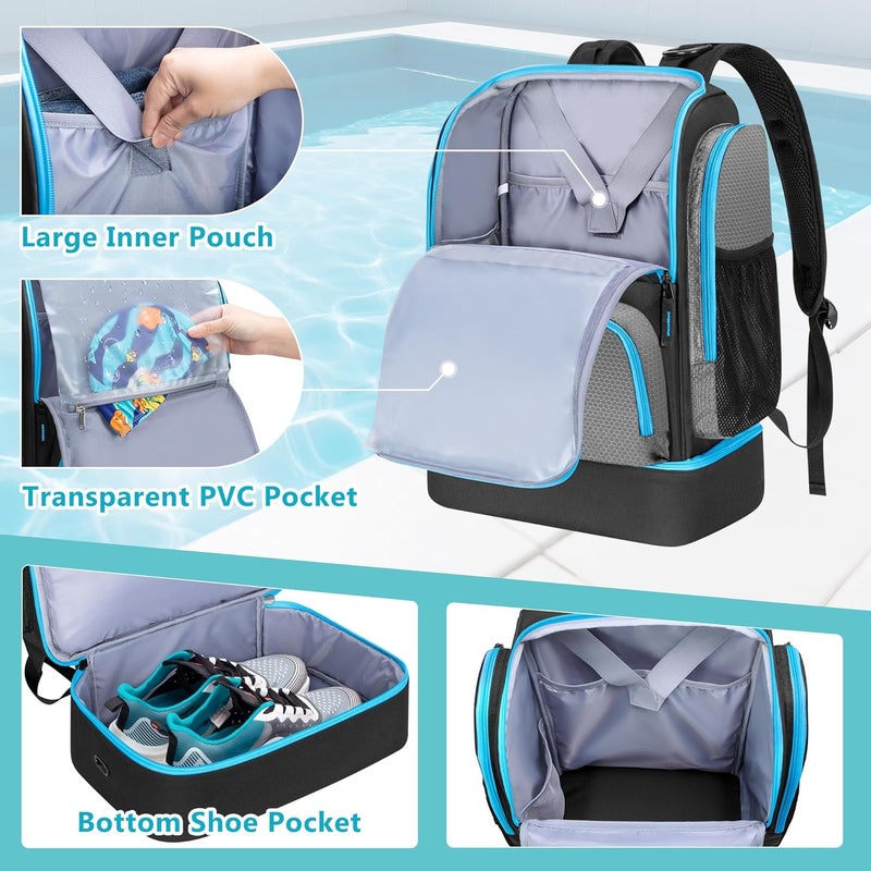 GOBUROS Swim Bag for Swimmers with Shoe Compartment, Swim Backpack for Men and Women, Swimming Bag with Multiple Pockets for Swim Gear Organization, Gray - Image 2